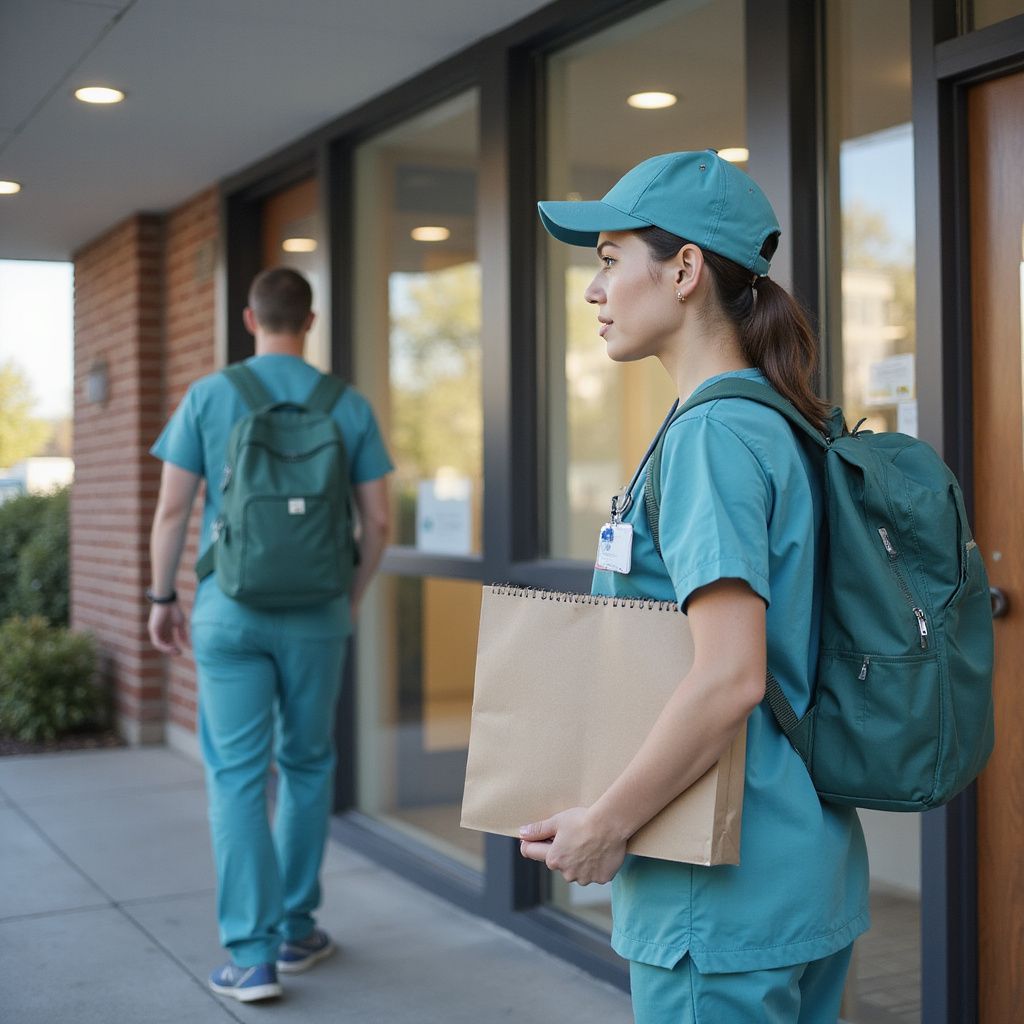 Two people in teal scrubs with backpacks near a building entrance; one holding a brown paper bag.