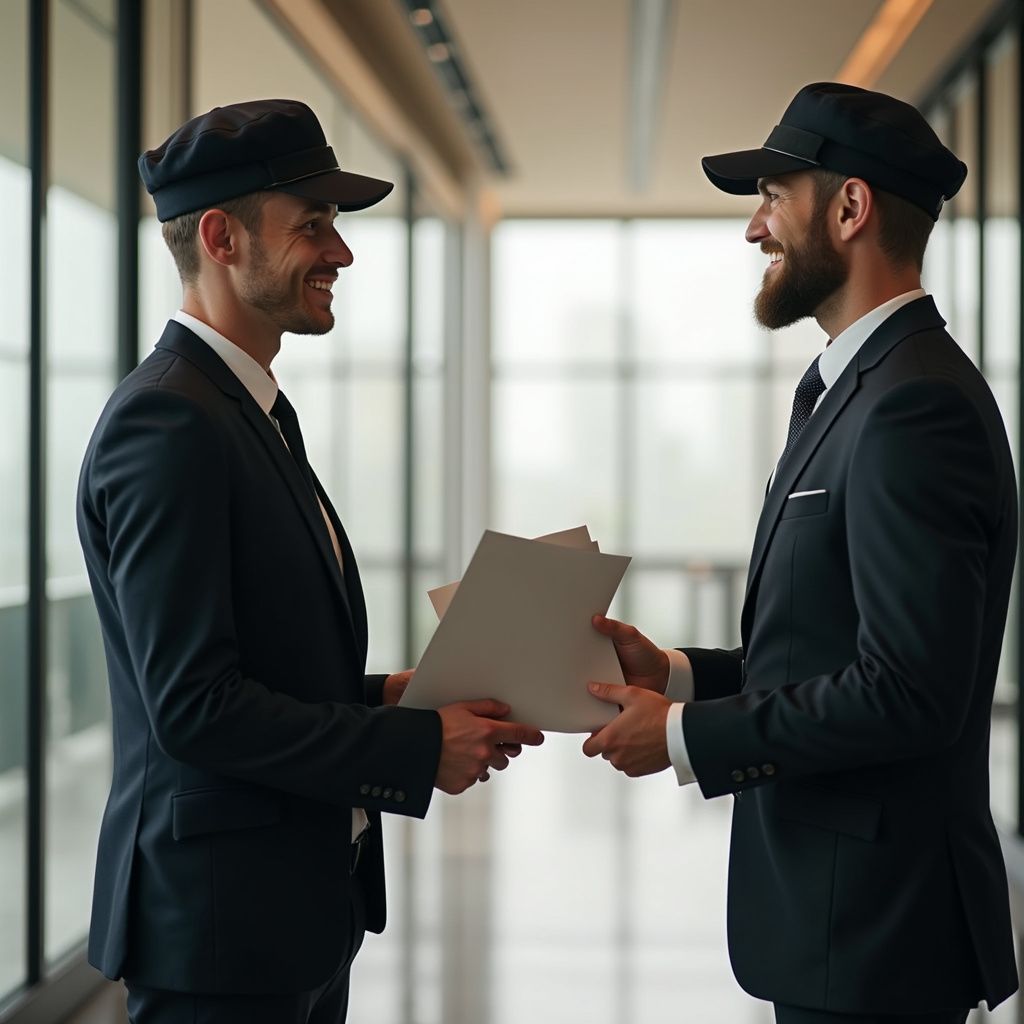 Two men in suits and hats exchange papers, smiling, in a brightly lit hallway.