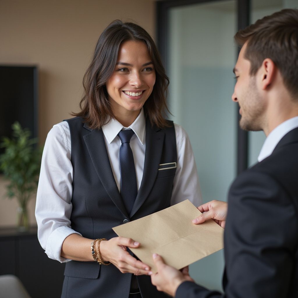 Woman in suit smiling, receiving envelope from man in suit indoors.