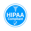 Blue HIPAA Compliant logo with the caduceus symbol, text, and a checkmark.