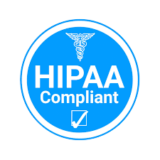 Blue HIPAA Compliant logo with the caduceus symbol, text, and a checkmark.