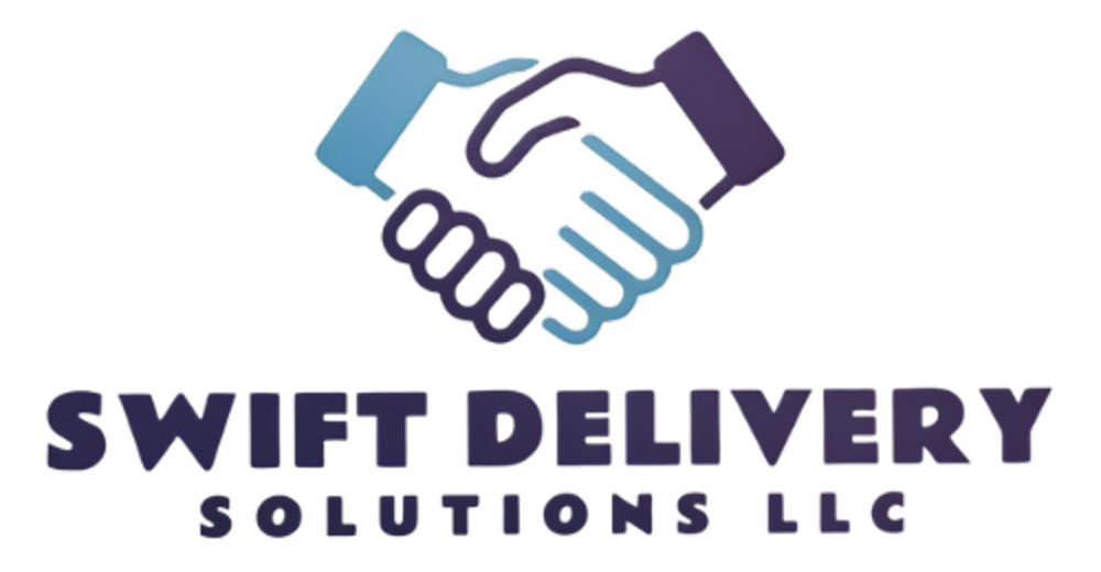 Logo for Swift Delivery Solutions LLC: Handshake graphic in blue and purple, text below.
