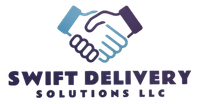 Logo of Swift Delivery Solutions LLC: Handshake illustration in blue and purple above text.
