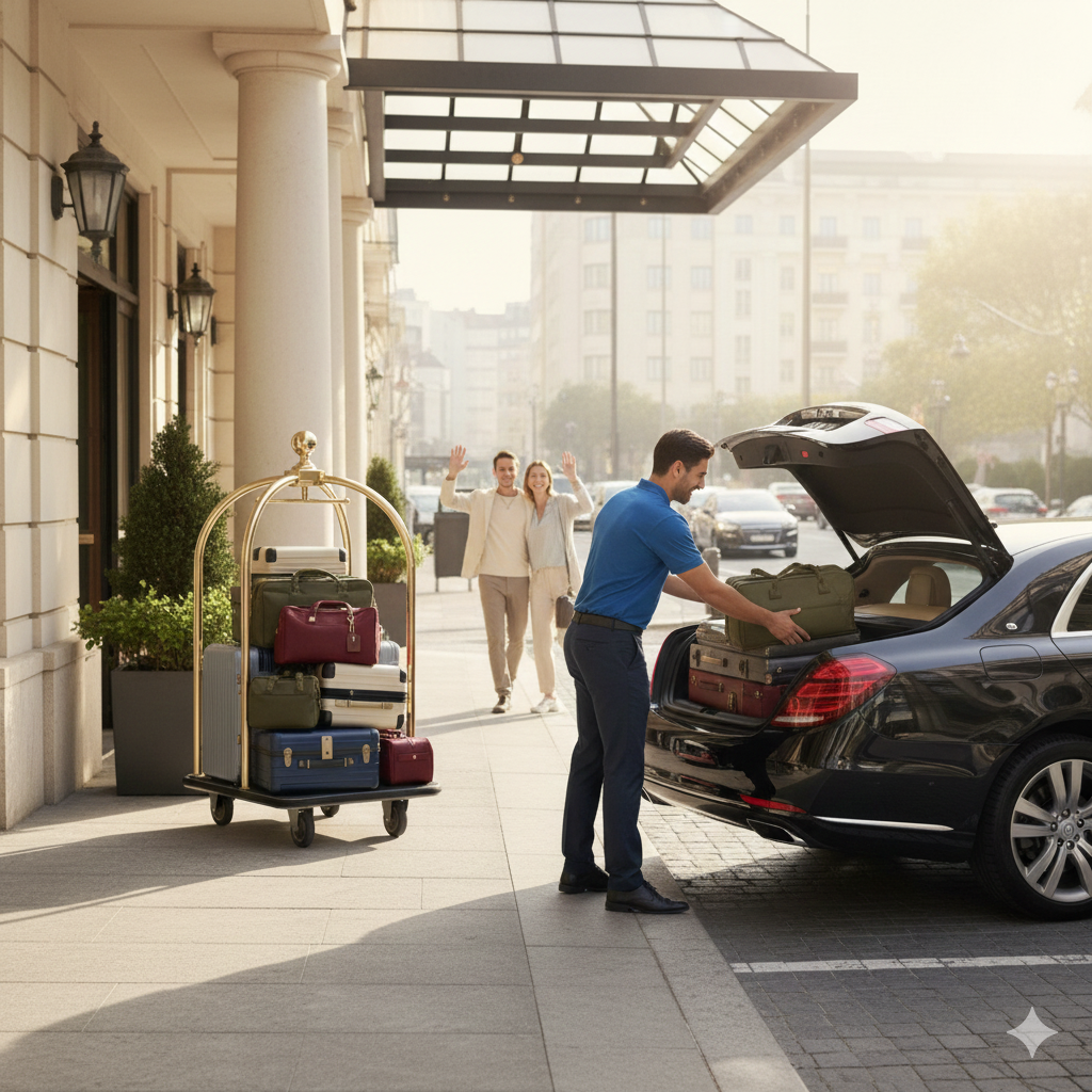 Bellhop loading luggage into a black car at a hotel entrance, guests waving in background.