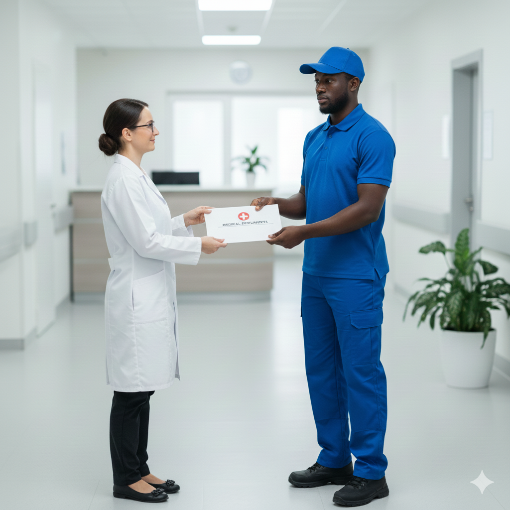 Doctor in white coat receiving documents from person in blue uniform in a hospital hallway.