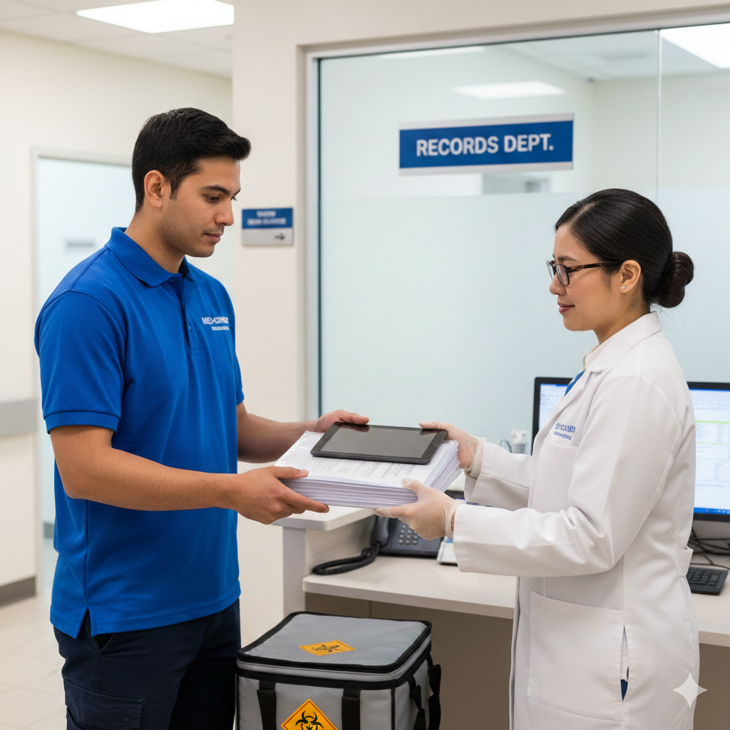 Man in blue shirt hands documents to a person in a lab coat at a records department.