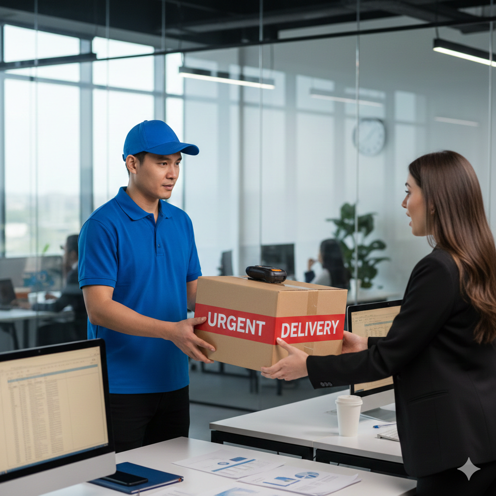 Delivery person handing a box labeled