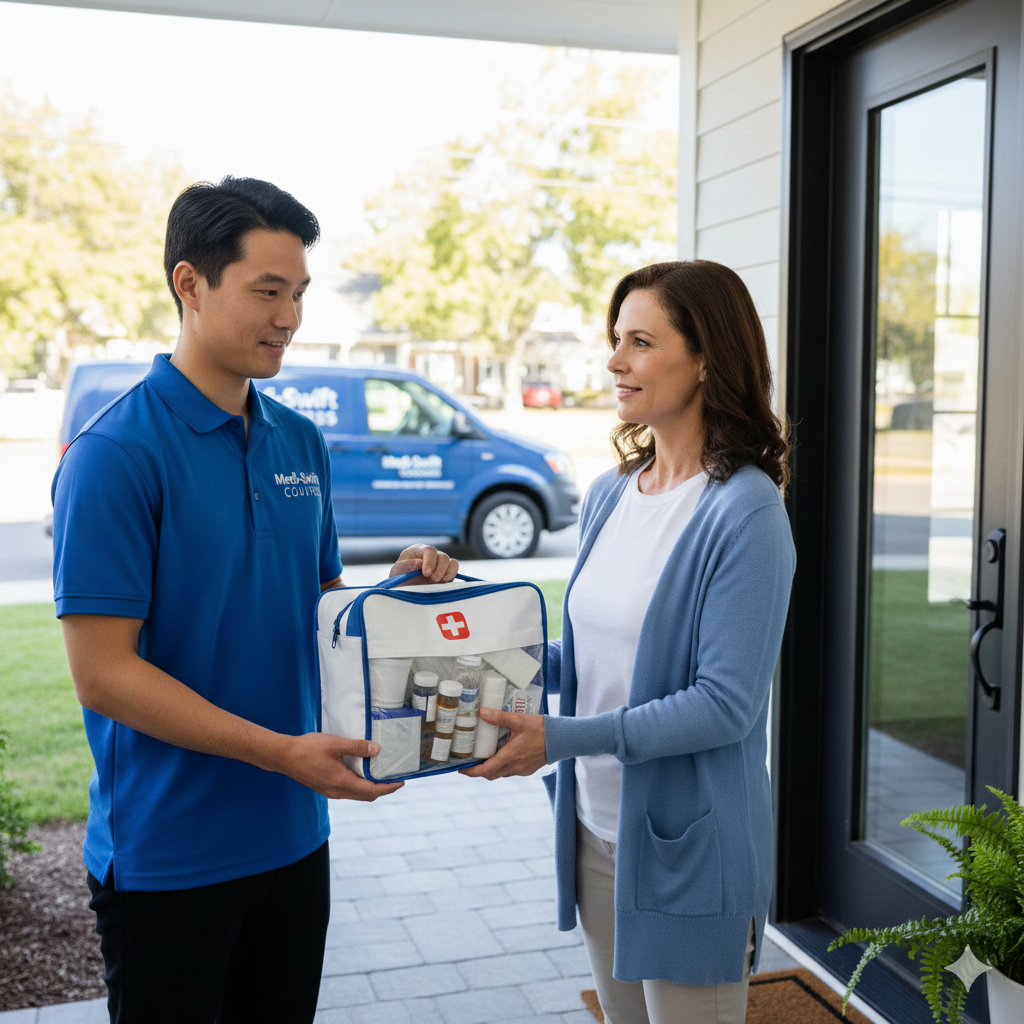 Person in blue shirt hands a medical kit to a person at a doorway; van in the background.