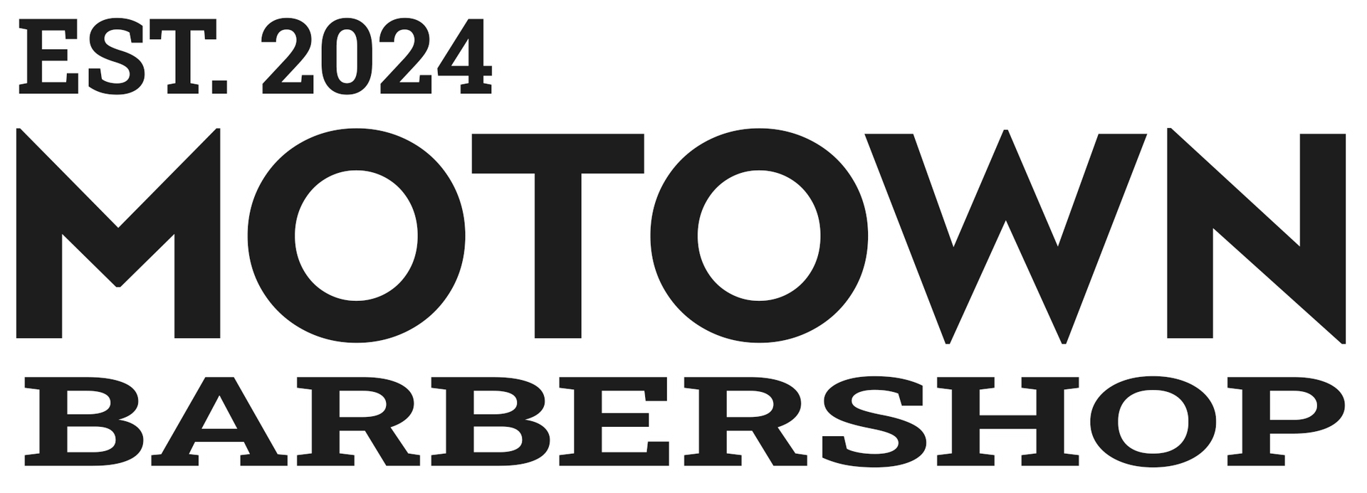 The logo for motown barbershop is black and white.