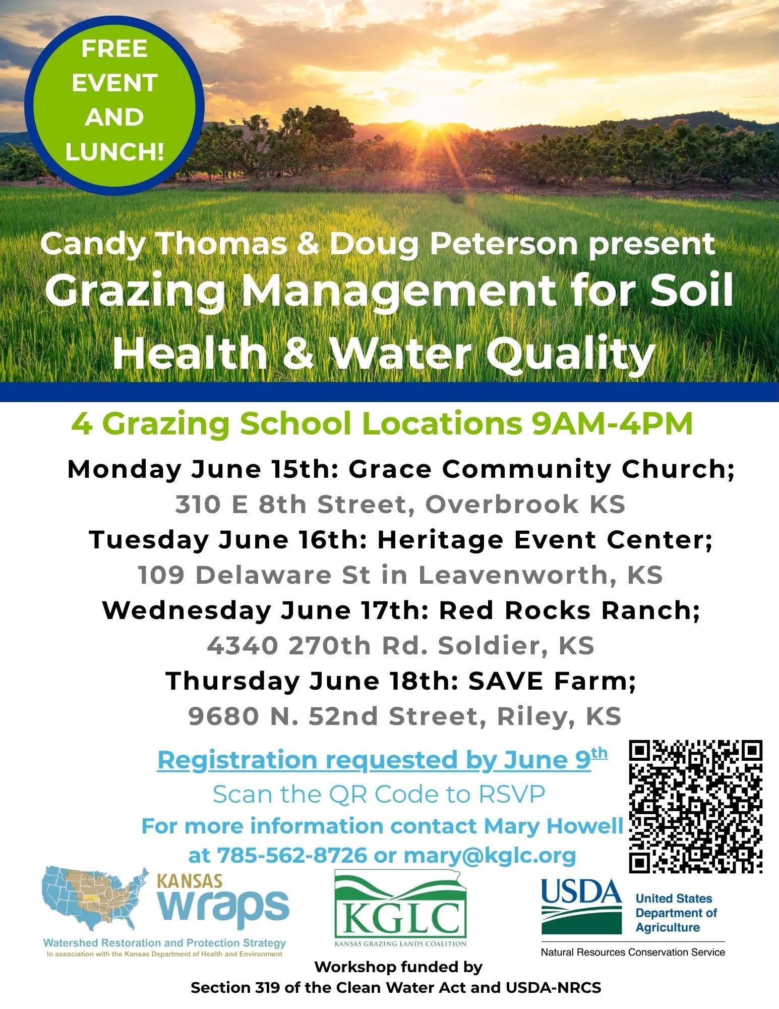 White flyer with black text and sunrise with a green pasture