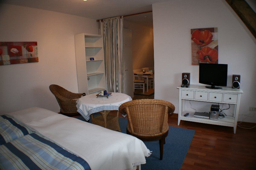 Bedroom with bed, table, chairs, and TV on a white console, with a partial view of a kitchenette behind a curtain.