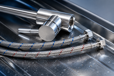 Stainless steel hoses and polished metal fittings arranged on a dark industrial surface