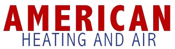 "AMERICAN" in red, over "HEATING AND AIR" in blue. Logo for a heating and air company.