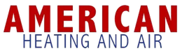 "AMERICAN" in red, over "HEATING AND AIR" in blue. Logo for a heating and air company.