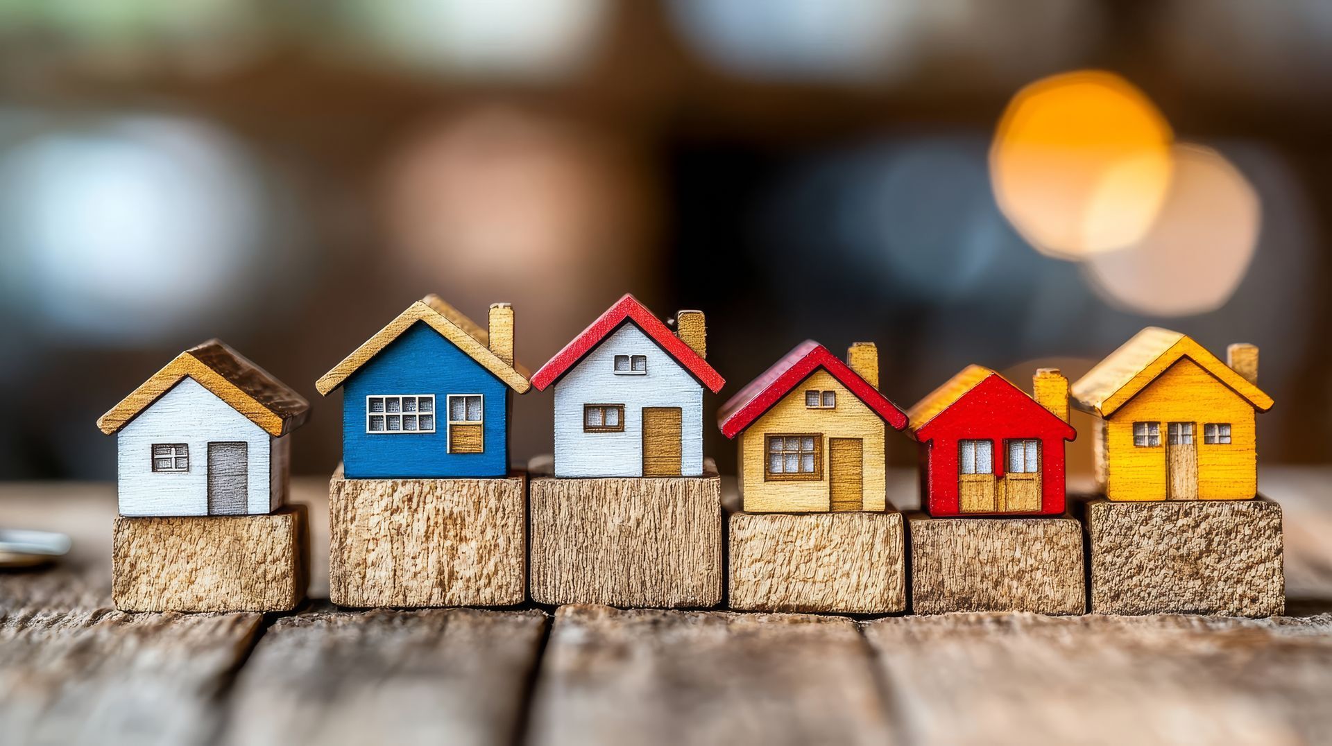 A row of small houses sitting on top of corks on a wooden table.