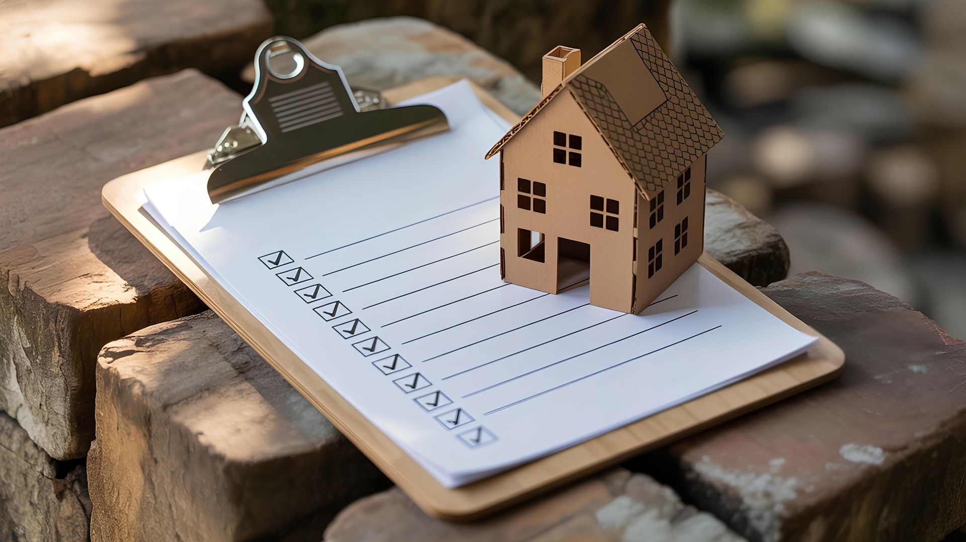 A small model house is sitting on top of a clipboard.