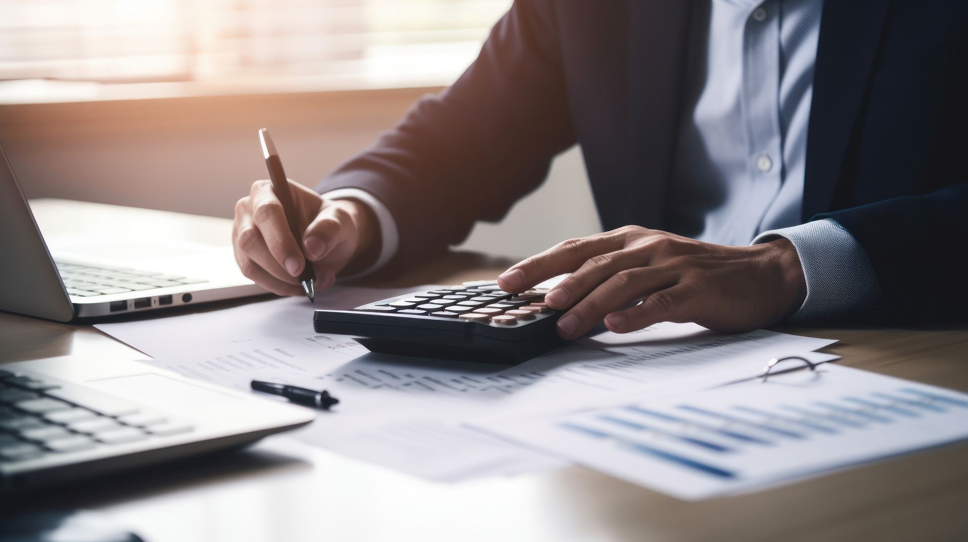 A man is sitting at a desk using a calculator and writing on a piece of paper.