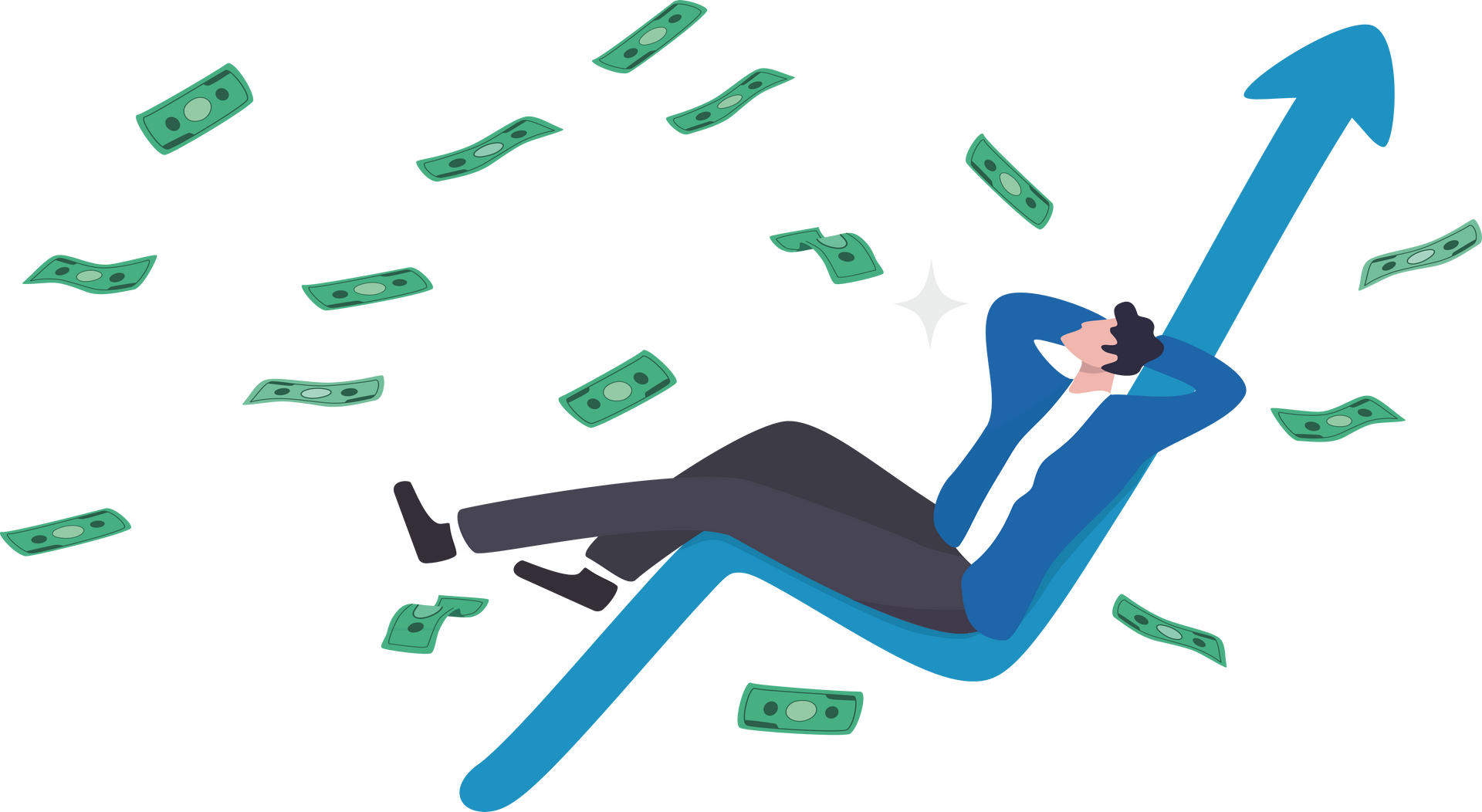 A man is laying on a graph with money falling around him.