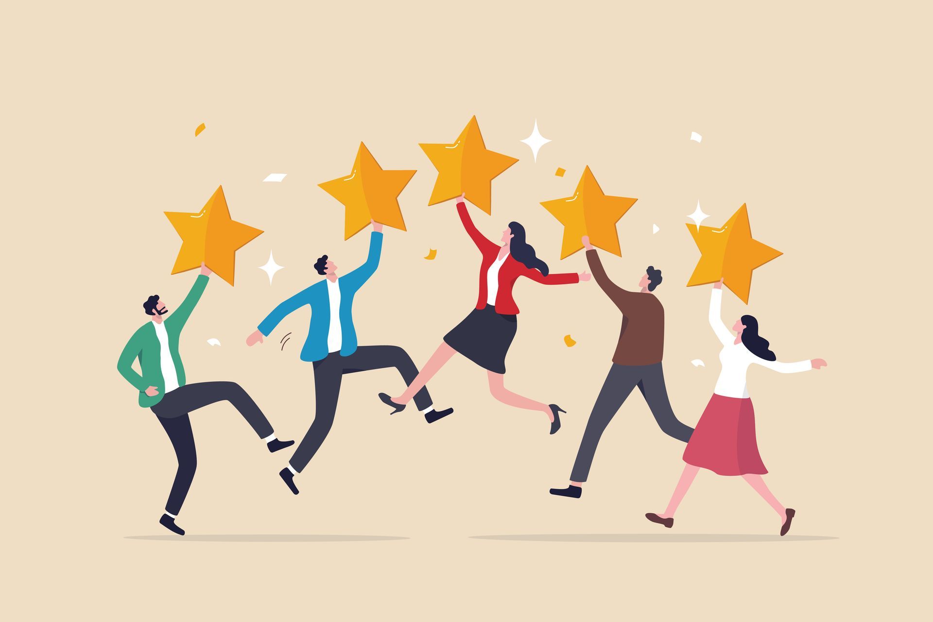 People holding up golden stars, celebrating, confetti.