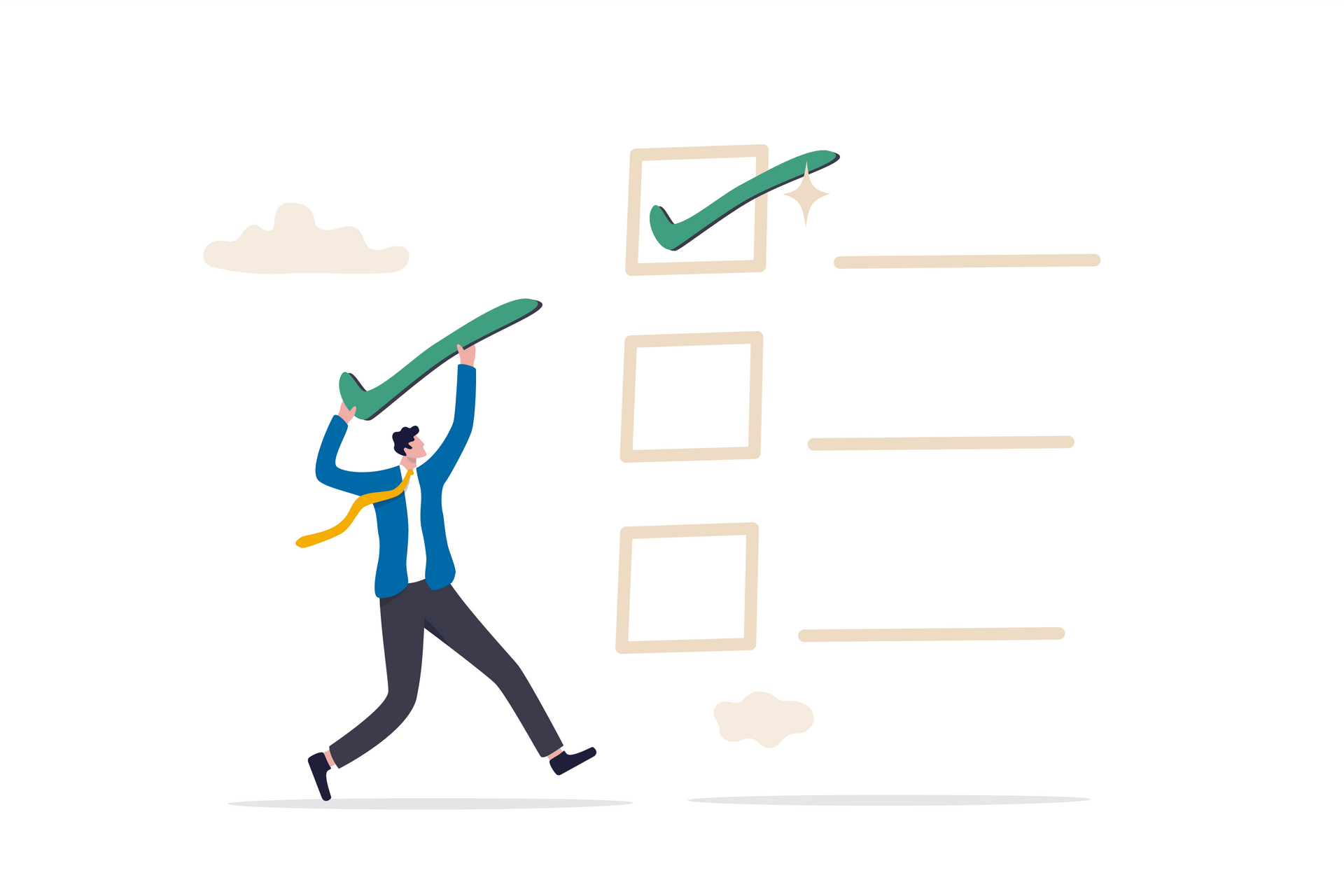 A man is holding a check mark over a checklist.