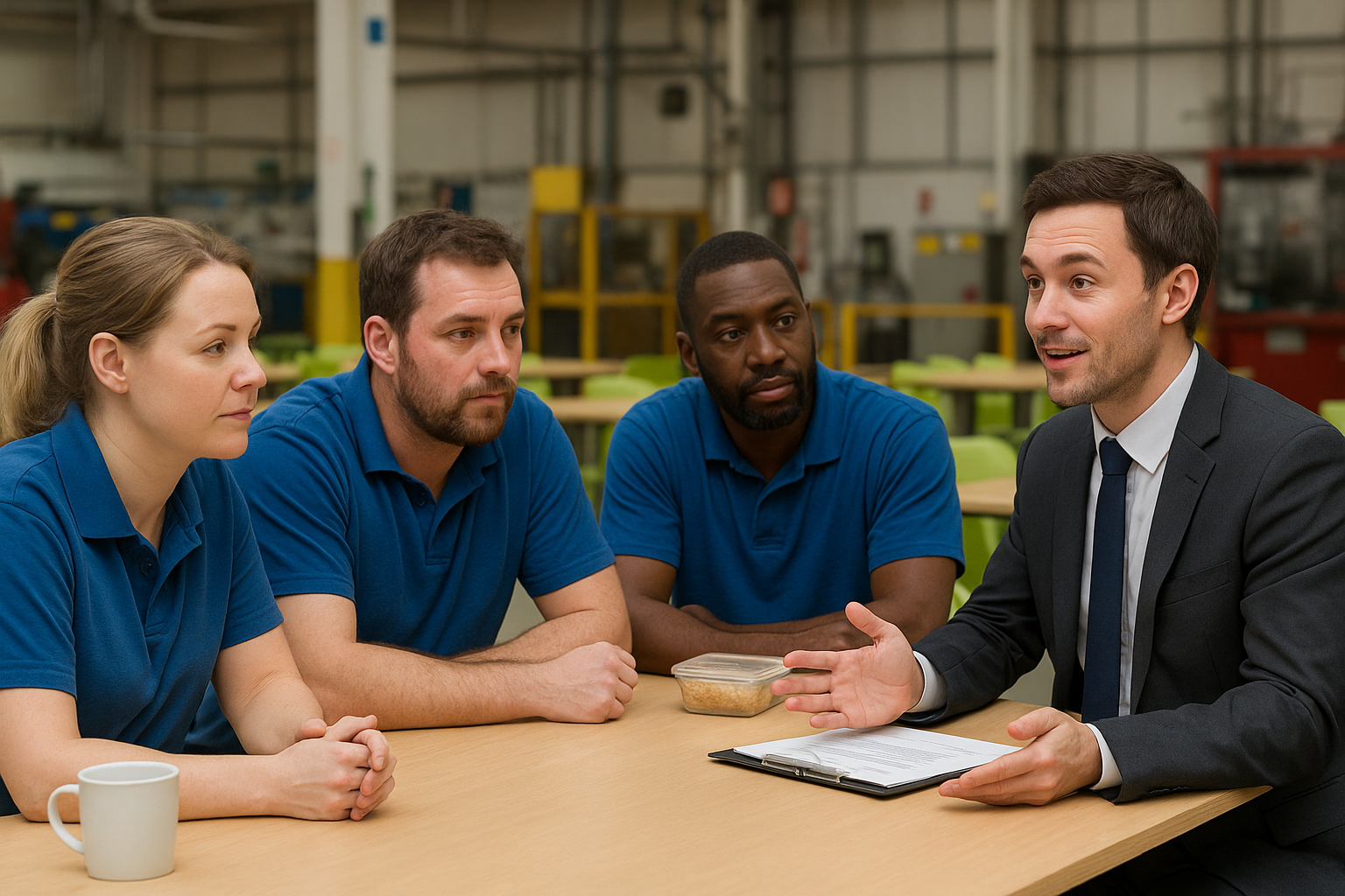 A mortgage advisor in a suit is sitting at a table talking to staff members of a factory.
