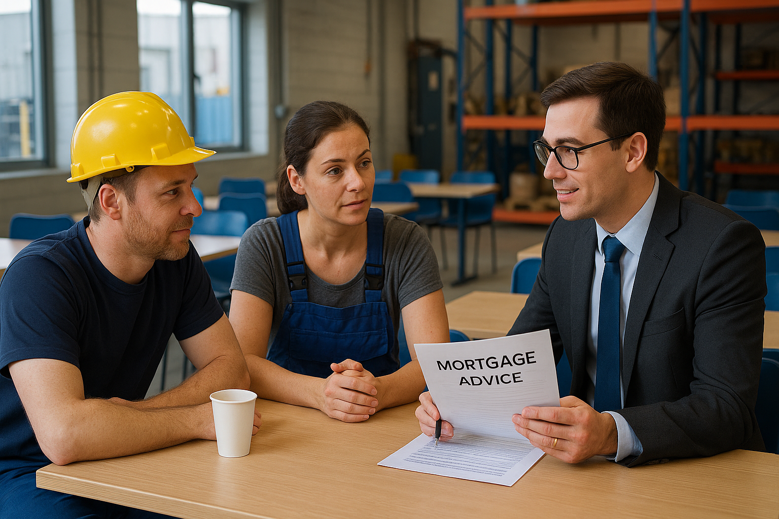 A mortgage advisor in a suit is sitting at a table talking to staff members of a factory in Wrexham.