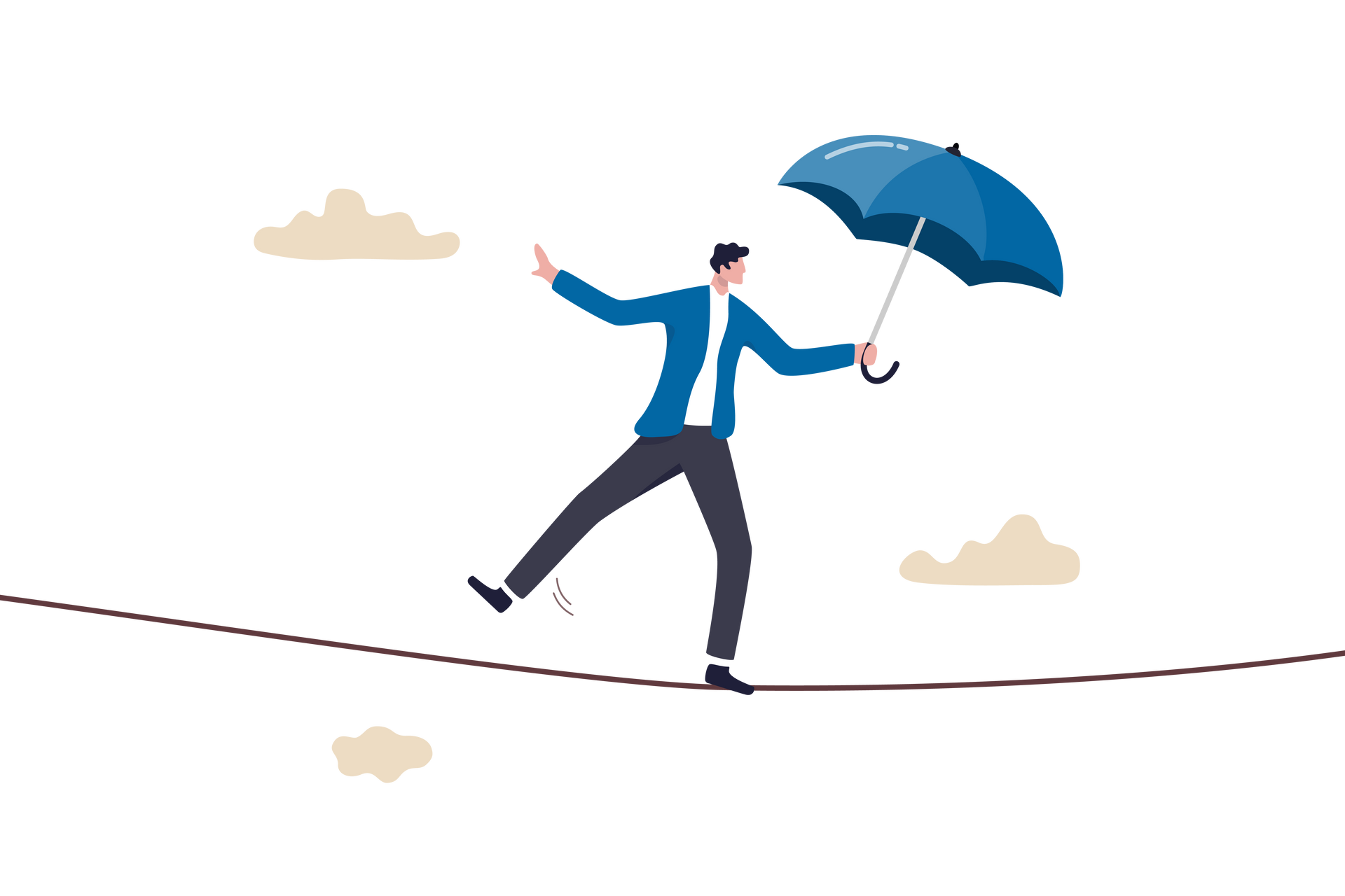 A man is walking on a tightrope with an umbrella.