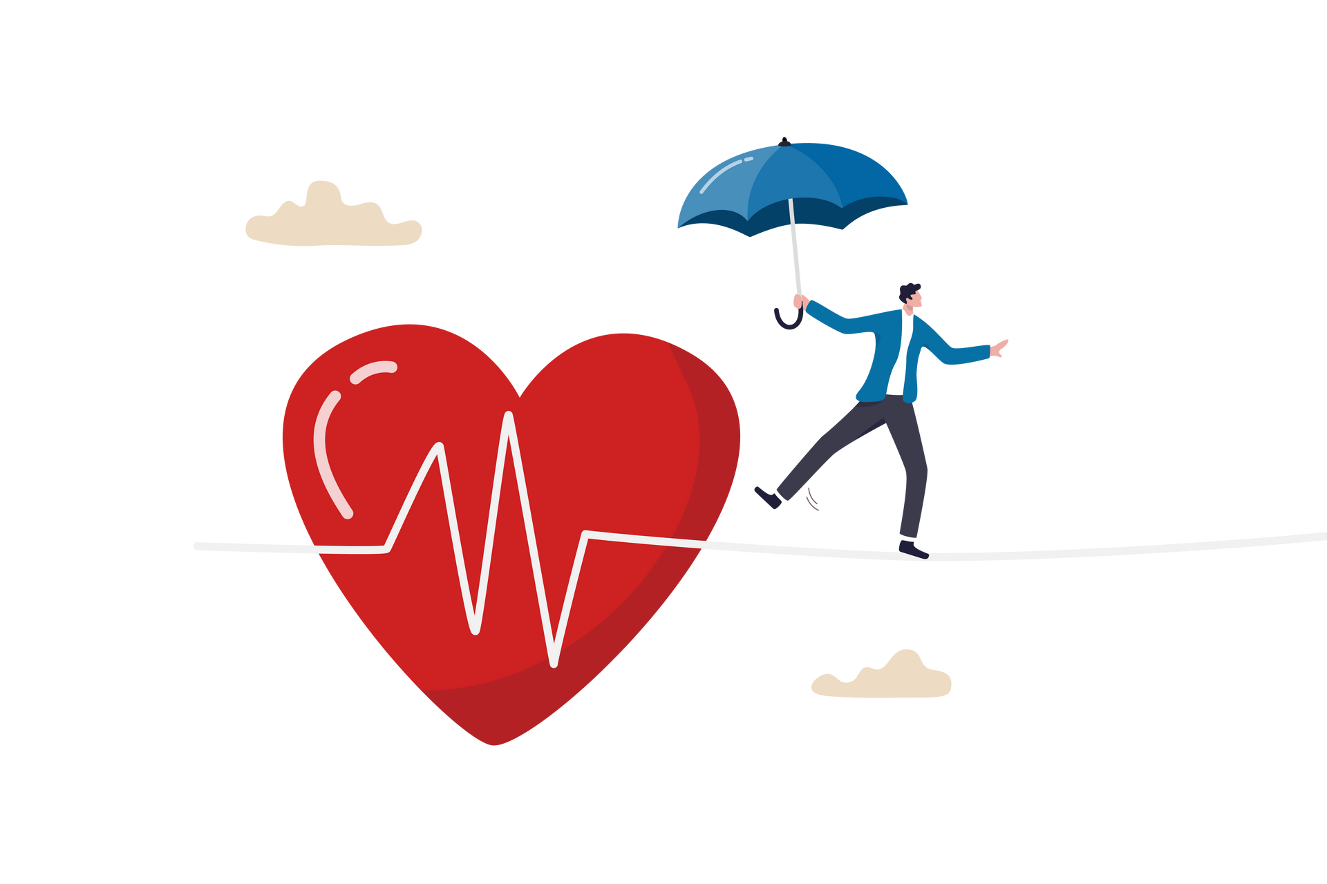 A man is holding an umbrella while walking on a tightrope next to a heart.