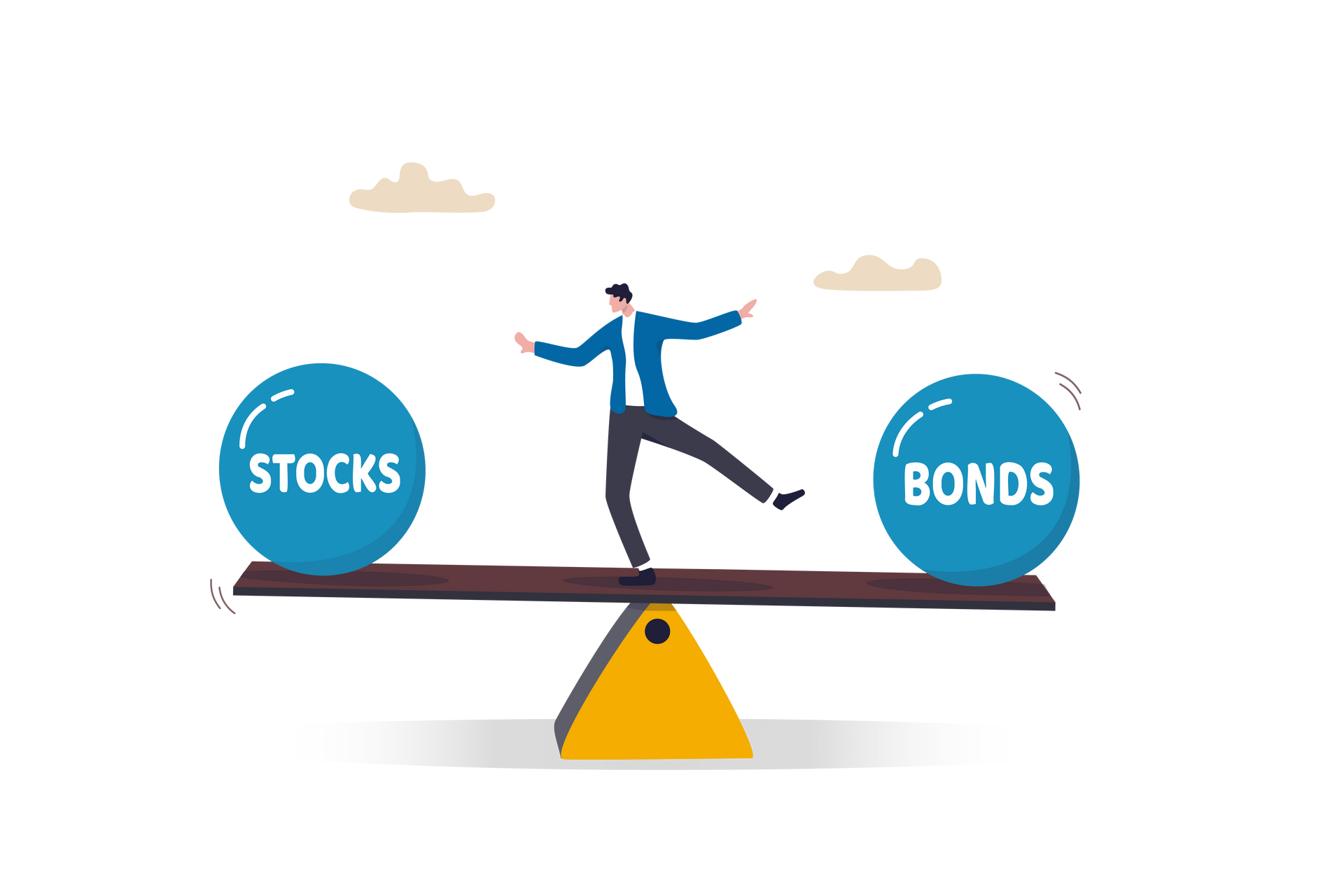 A man is balancing stocks and bonds on a seesaw.