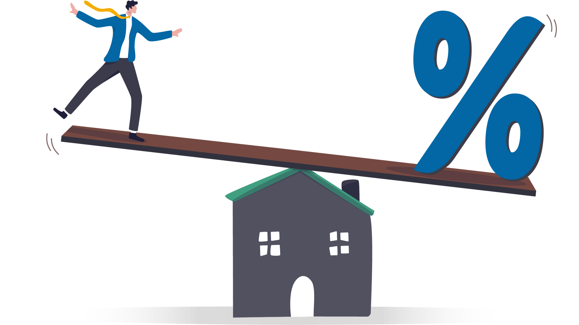 A man is standing on a seesaw with a house and a percent sign.