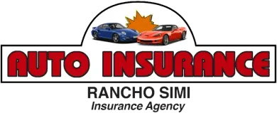 Logo for Rancho Simi Auto Insurance featuring two cars, a blue and an orange one, and the words 