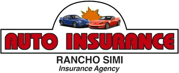 Logo for Rancho Simi Auto Insurance featuring two cars, text 