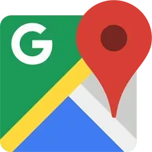 Google Maps app icon with a red location pin. The background shows a stylized map with a 