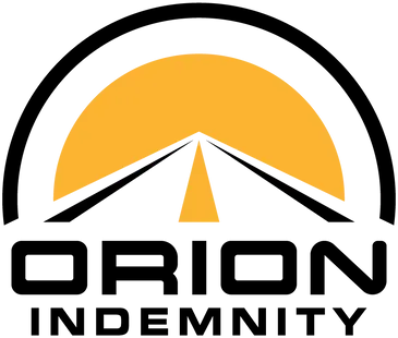 Logo for Orion Indemnity, featuring a yellow arch above a road leading into a yellow sun and text below.