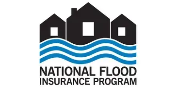 Logo of the National Flood Insurance Program featuring three houses above blue wavy lines, and the program's name in black text below.