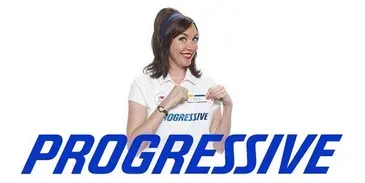 Flo from Progressive Insurance holding her Progressive employee ID card, smiling at the viewer. Blue and white logo in the foreground.