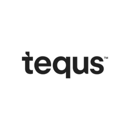 A black and white logo for tequs on a white background.