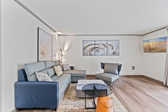 A living room with a bed , couch , desk and sliding glass doors.