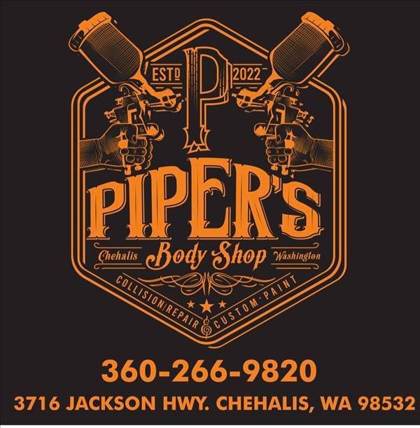 Orange and black Piper&rsquo;s Body Shop logo with crossed tools, phone number, and Yakima, WA address