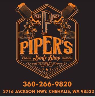 Orange and black Piper&rsquo;s Body Shop logo with crossed tools, phone number, and Yakima, WA address