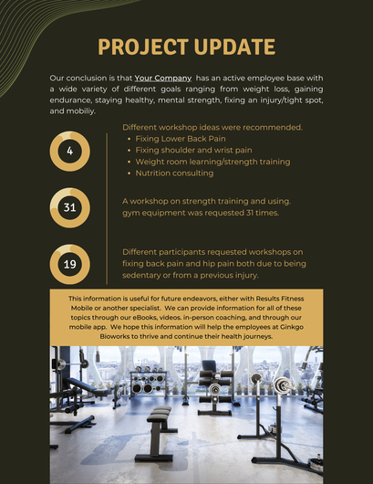 A wellness report created by Results Fitness Mobile for a company.