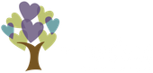 Tree with brown trunk and green, purple, and blue heart-shaped leaves.