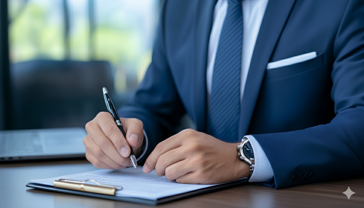 Person in a blue suit writing on a clipboard with a pen.