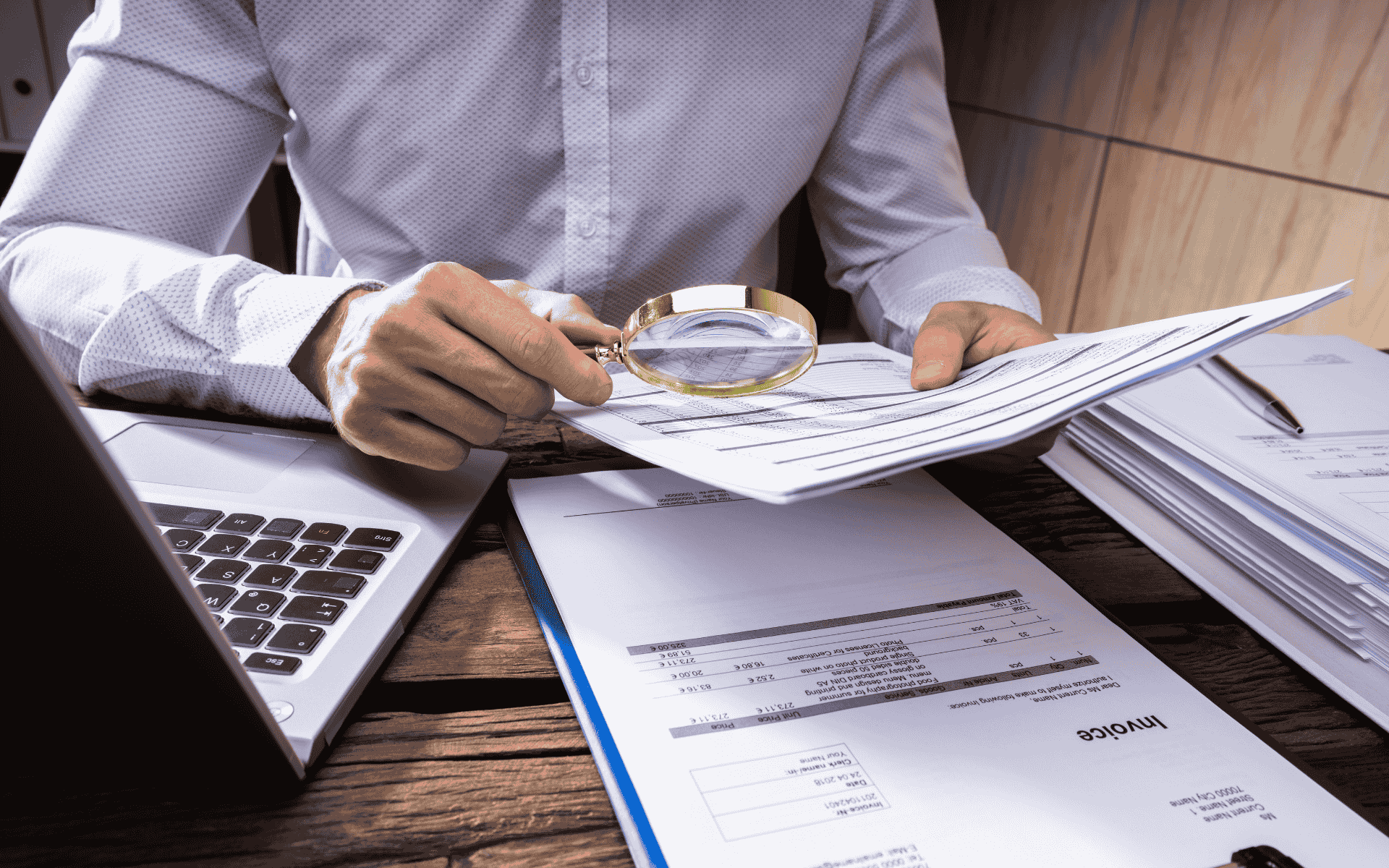 Person using a magnifying glass to examine documents on a desk with a laptop.