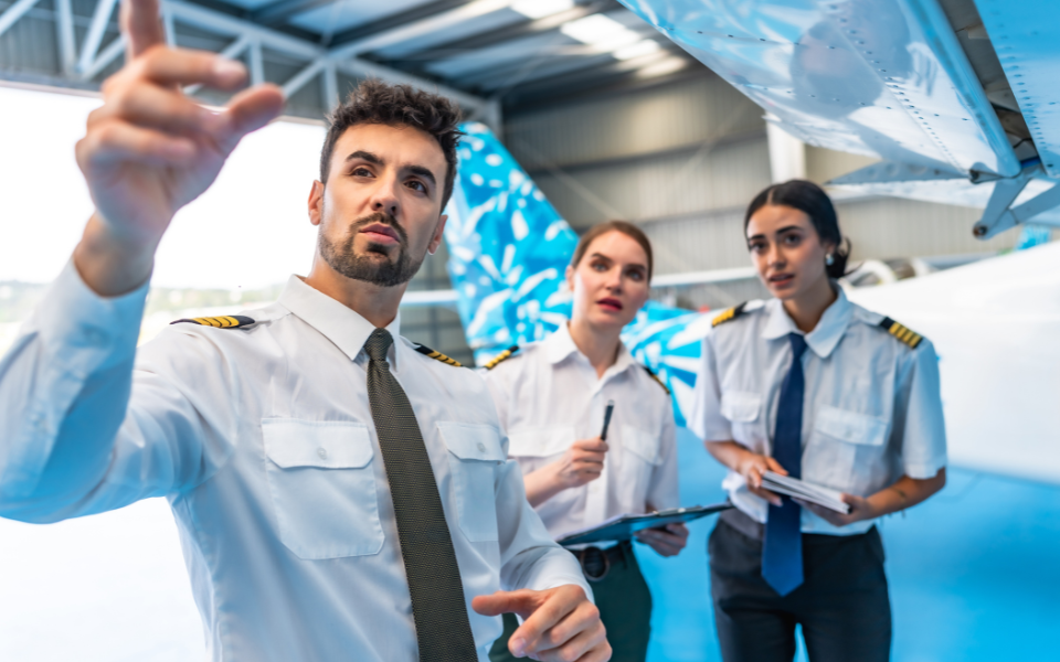 Pilot pointing, instructing two others near an airplane wing in a hangar.