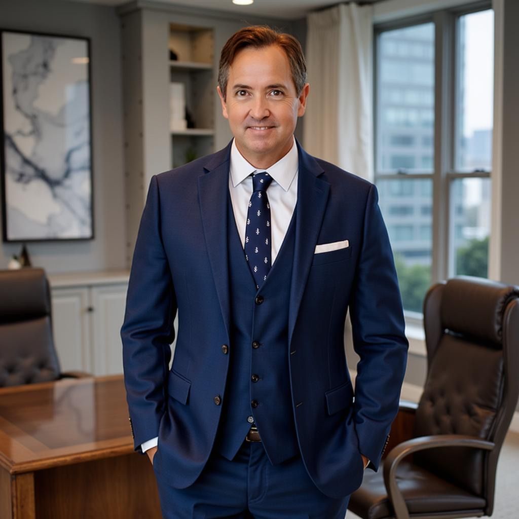 Michael Bullotta in blue suit, smiling, standing in office, hands in pockets.