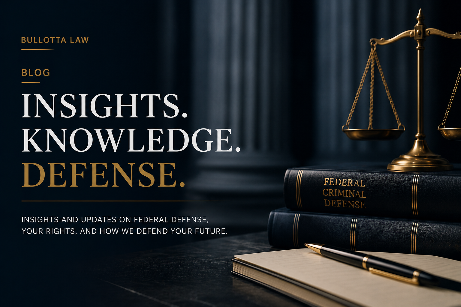 Law firm blog banner with law books, scales of justice, and the text “INSIGHTS. KNOWLEDGE. DEFENSE.”