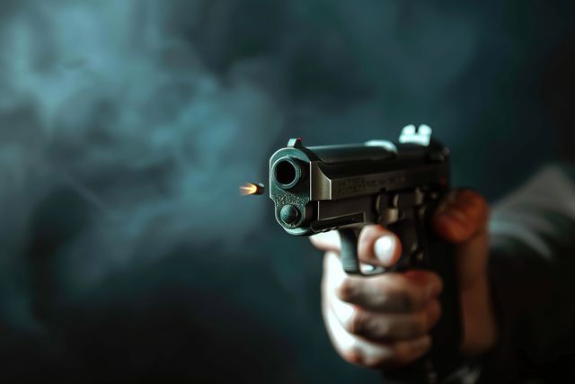 Hand holding a black handgun, firing a bullet, with smoke in front of a dark background.