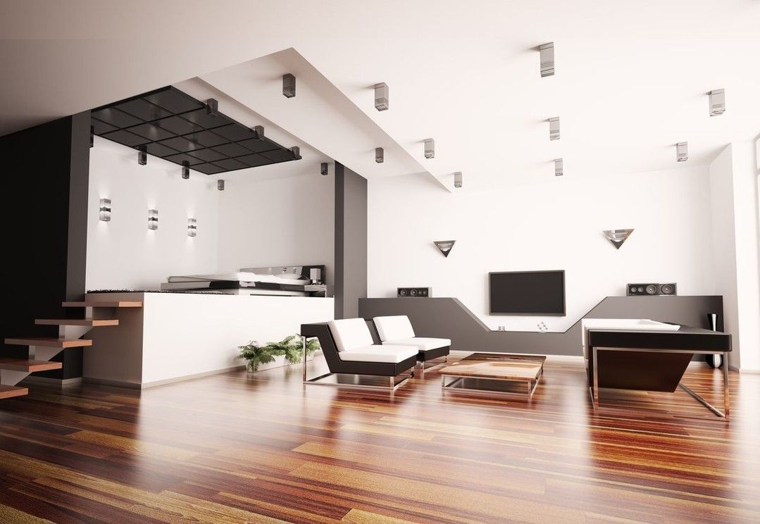 A living room with hardwood floors and a flat screen tv
