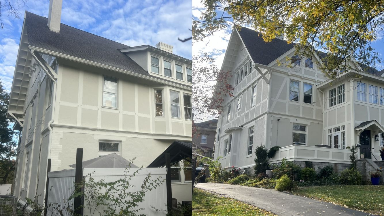 A before and after picture of a white house with a black roof.